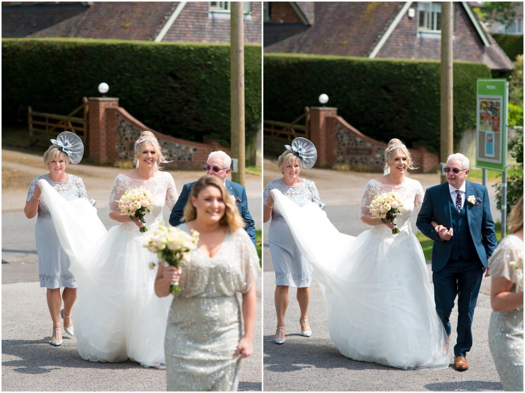 Bride walking to church wedding in Hampshire