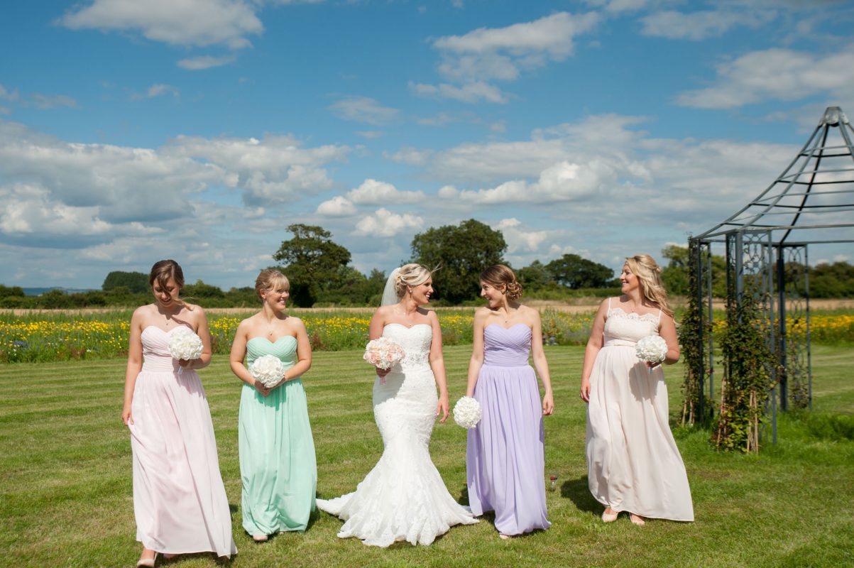 Bridal party in sunshine at southend barns wedding